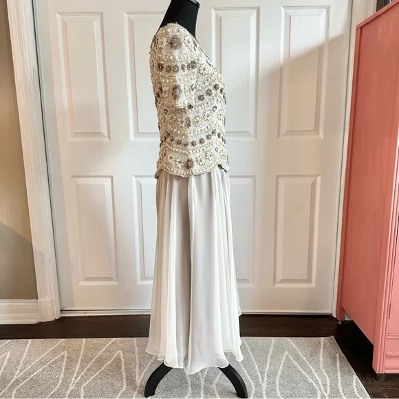 George F. Couture Champagne Hand-beaded and Silk Formal Evening Gown - Picture 7 of 10